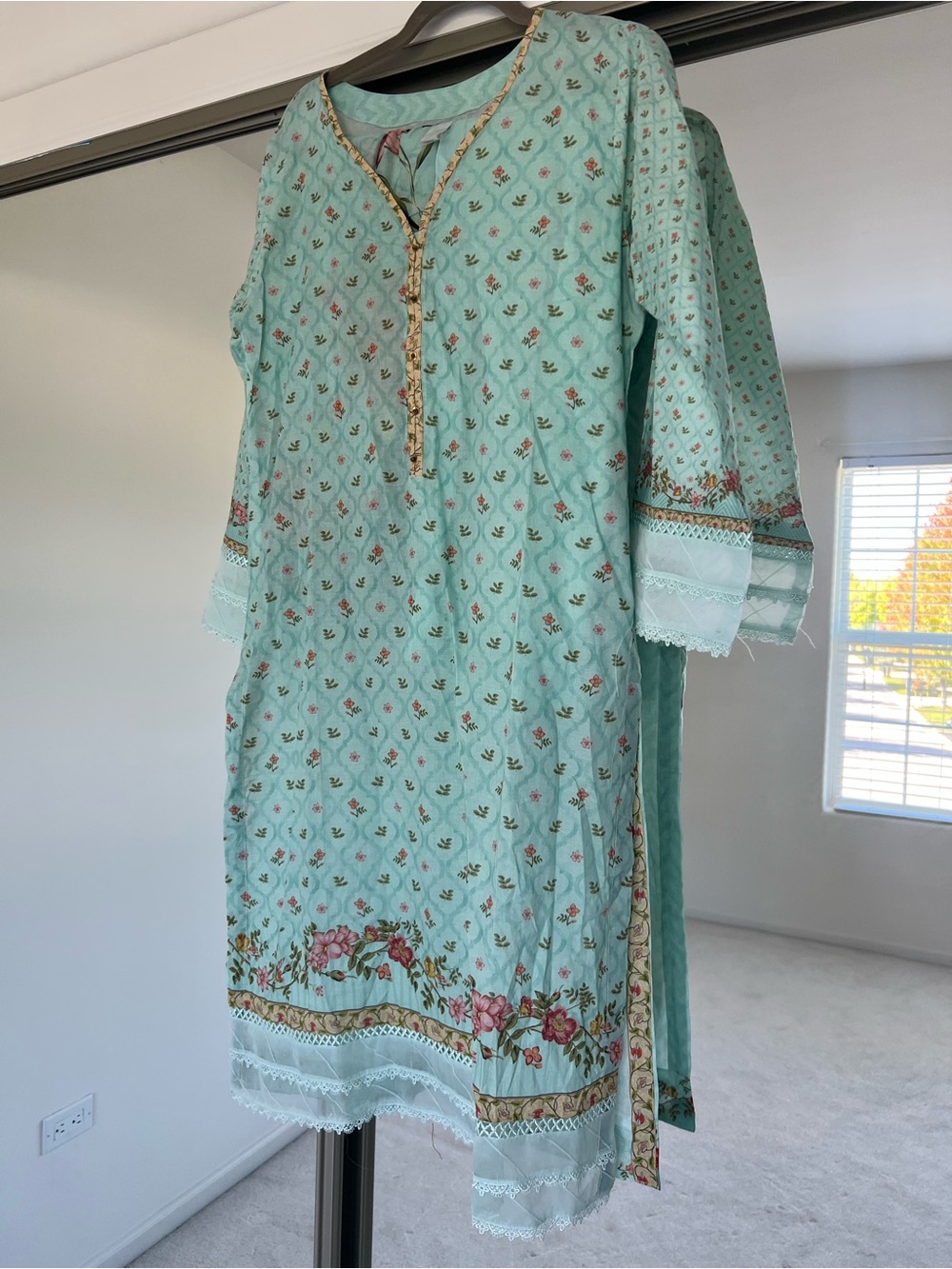 3 Piece Light Teal Floral Embroidered Women's Dress